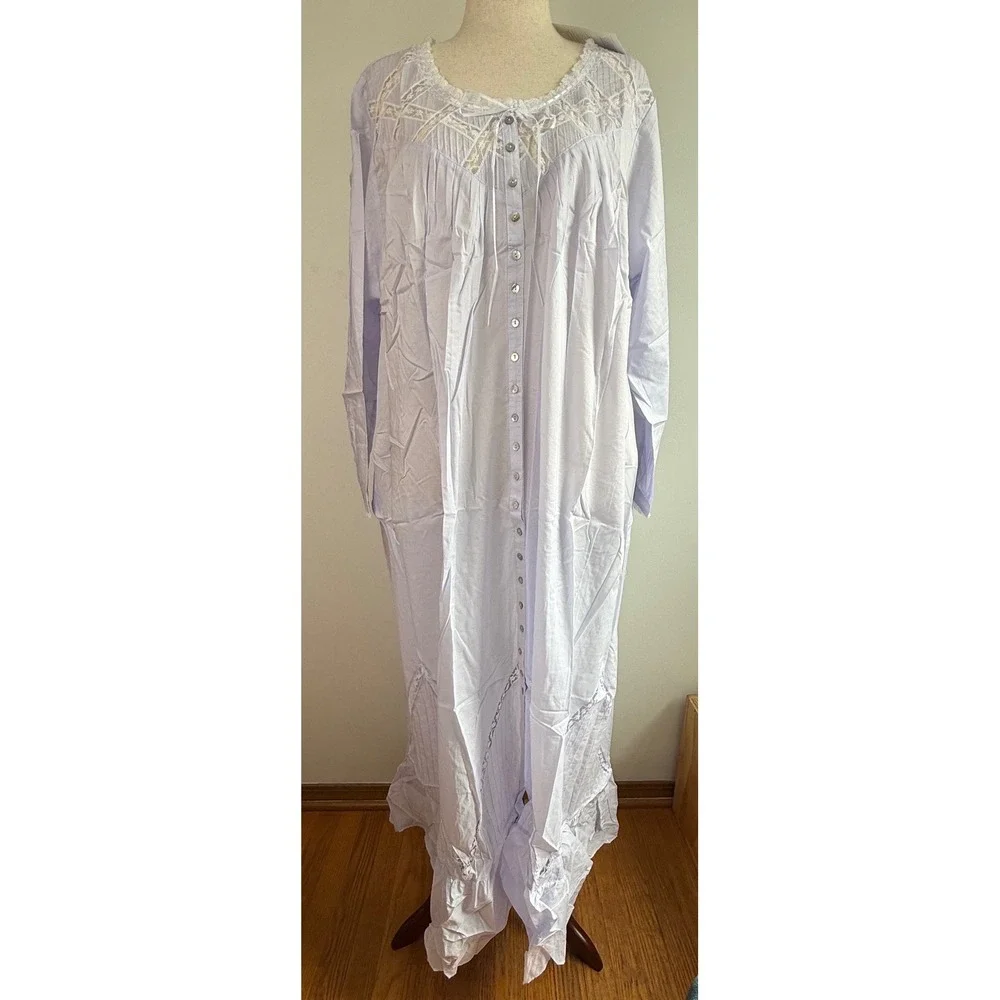 Eileen West Nightgown Womens 1X Peri Blue Cotton Lace Buttons Long Sleeve NWT - Picture 1 of 12